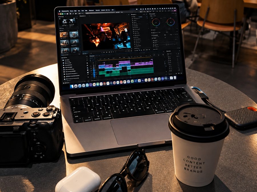 Kamera og bærbar PC med videoredigering på en kafé